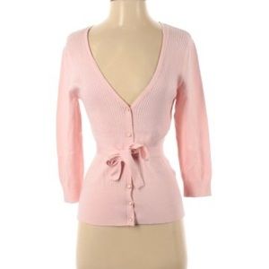 Pink 2/3 Sleeve Pink V-Neck Cardigan